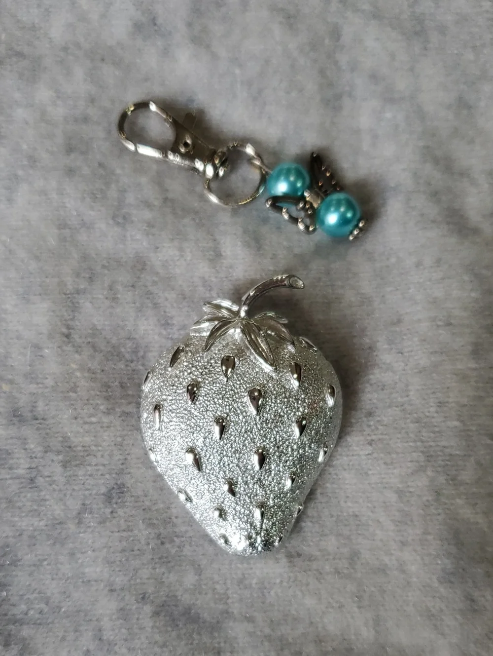 Sarah Coventry Silver Strawberry Brooch with Teal Charm